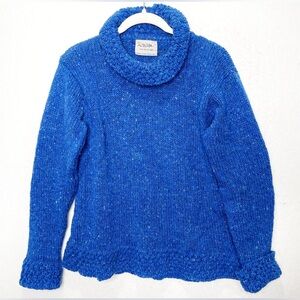 Rossan Knitwear Donegal Irish Roll Neck Blue Knit Long Sleeve Sweater 100% Wool